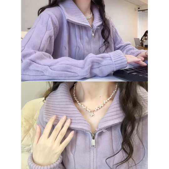Damen-Strickpullover mit Reißverschluss und Stehkragen