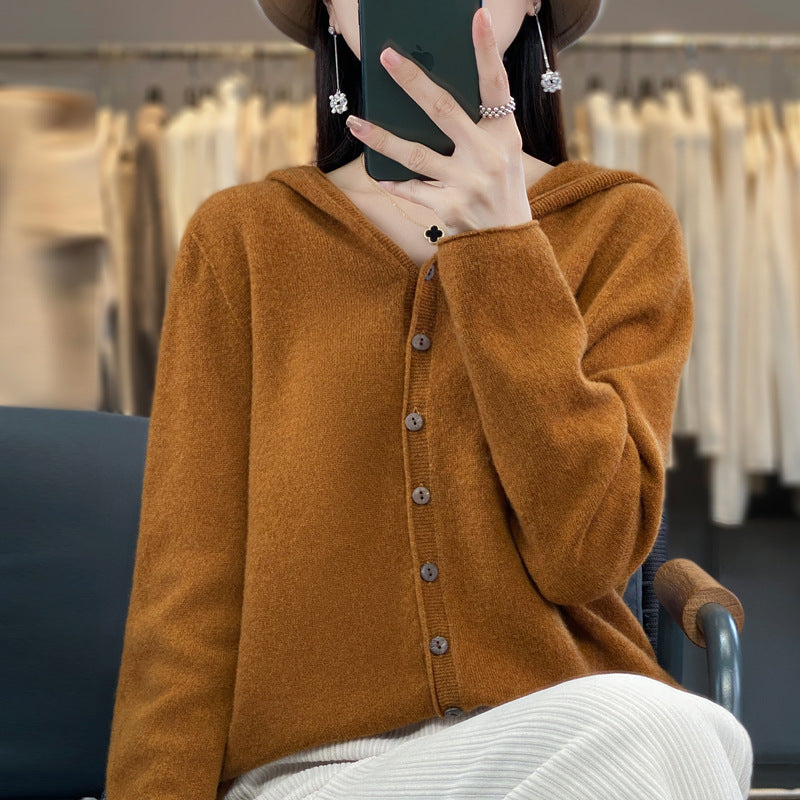 Damen-Strickjacke aus Merinowolle mit Kapuze