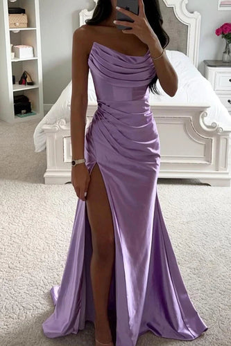 Glänzendes Satin Off-Shoulder Falten Spalte Abend Maxi Kleid