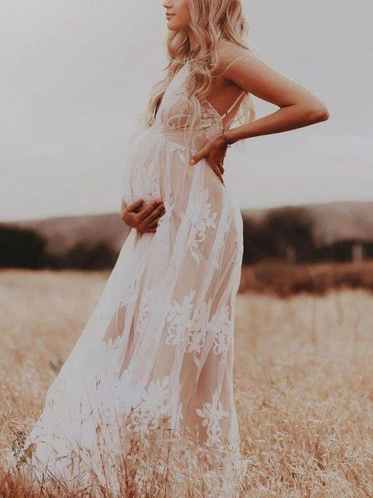 Fashion Fotoshooting-Kleider, Bohemian-Stil, Babyparty, Spitze, Tüll, V-Ausschnitt, Umstandsmode, Weiß, Maxi