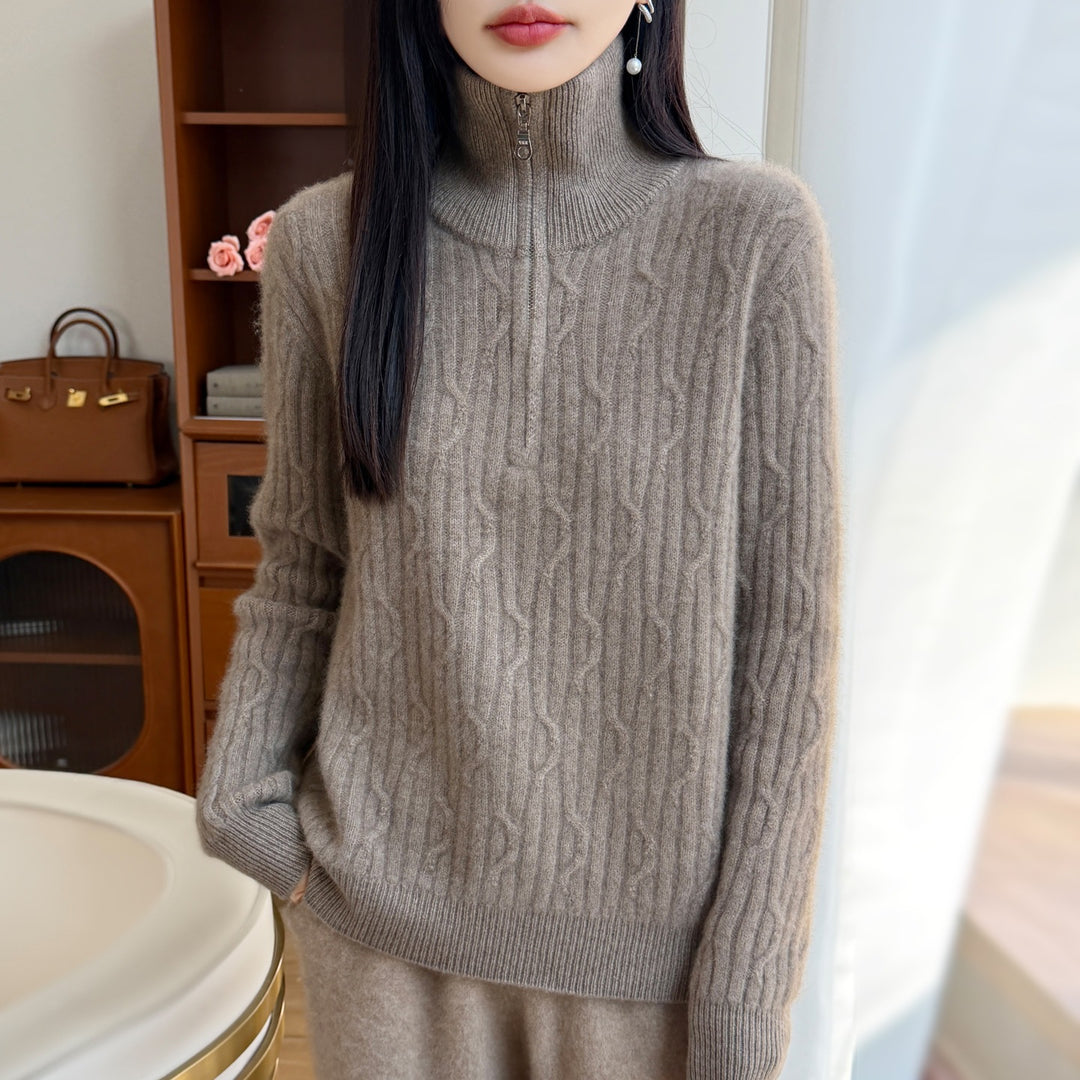 Damen-Wollpullover mit Reißverschluss und Zopfmuster