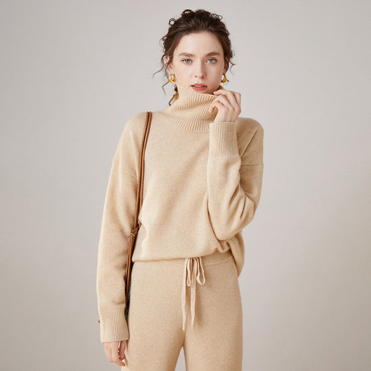 Damen-Kaschmirpullover, hoher Kragen, lockere Passform