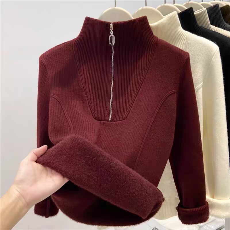 Damen-Strickpullover mit Stehkragen und Fleecefutter