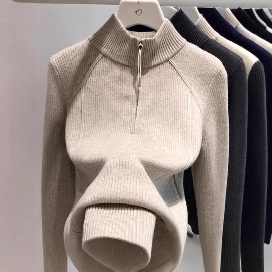 Damen-Strickpullover mit Reißverschluss und Innenfutter