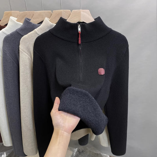Damen-Strickpullover mit Stehkragen und Fleecefutter
