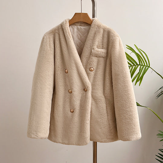 Damen-Plüschjacke mit V-Ausschnitt, warm und winddicht
