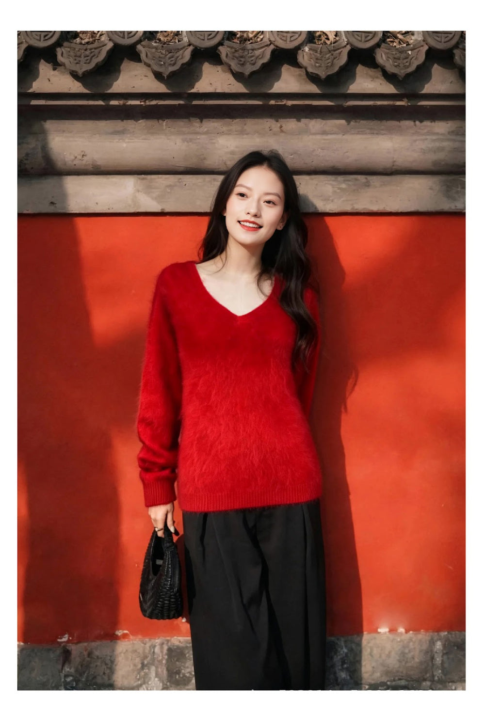 Damen-Strickpullover aus Wollmischung mit V-Ausschnitt