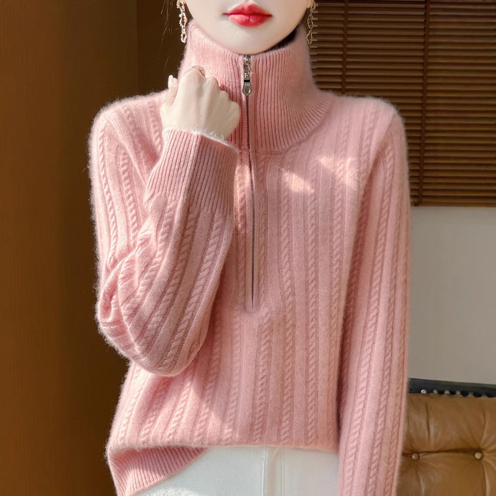 Damen-Wollpullover mit Zopfmuster und halbem Reißverschluss
