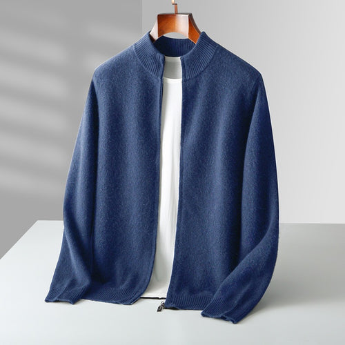 Herren-Strickjacke aus reiner Wolle, Stehkragen, 500g