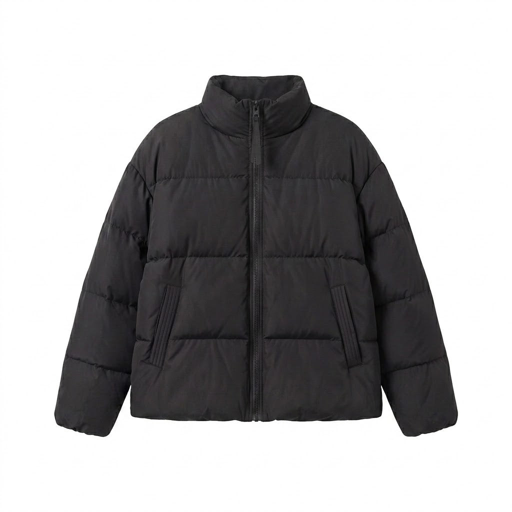 Damen kurze voluminöse gepolsterte Jacke mit hohem Schalkragen, Zwei-Wege-Reißverschluss und verdeckten Seitentaschen