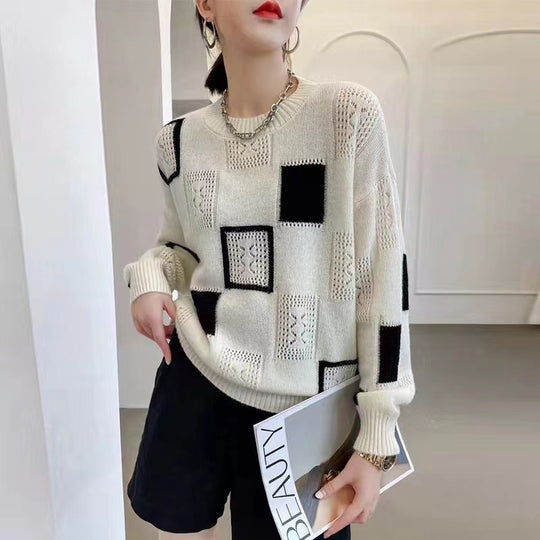 Damen-Strickpullover, kariert, Rundhalsausschnitt