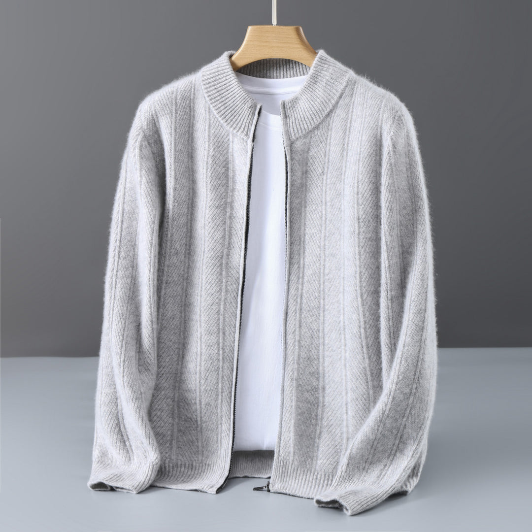 Herren-Wollstrickjacke, Stehkragen, Reißverschluss, Jacquard-Muster
