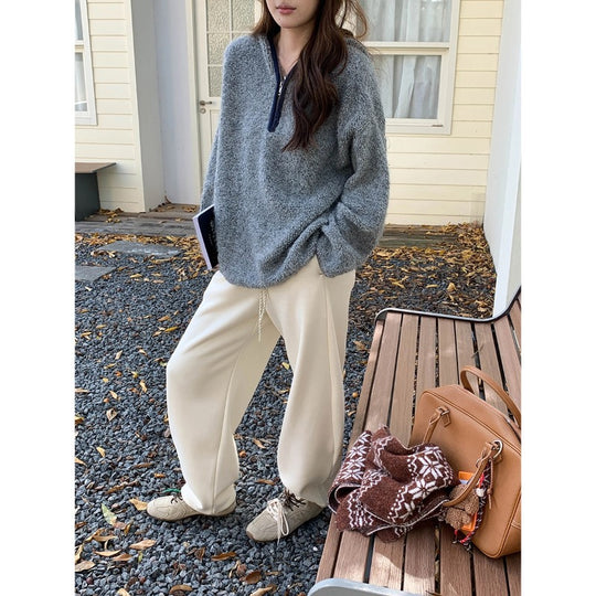 Lässiger Strickpullover mit Reißverschluss und Fleece-Optik
