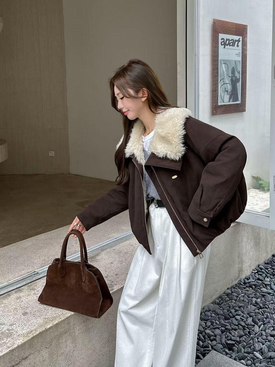 Damen-Mantel, Wildleder-Optik, Plüsch-Revers, gefüttert
