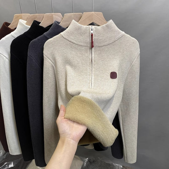 Damen-Strickpullover mit Stehkragen und Fleecefutter