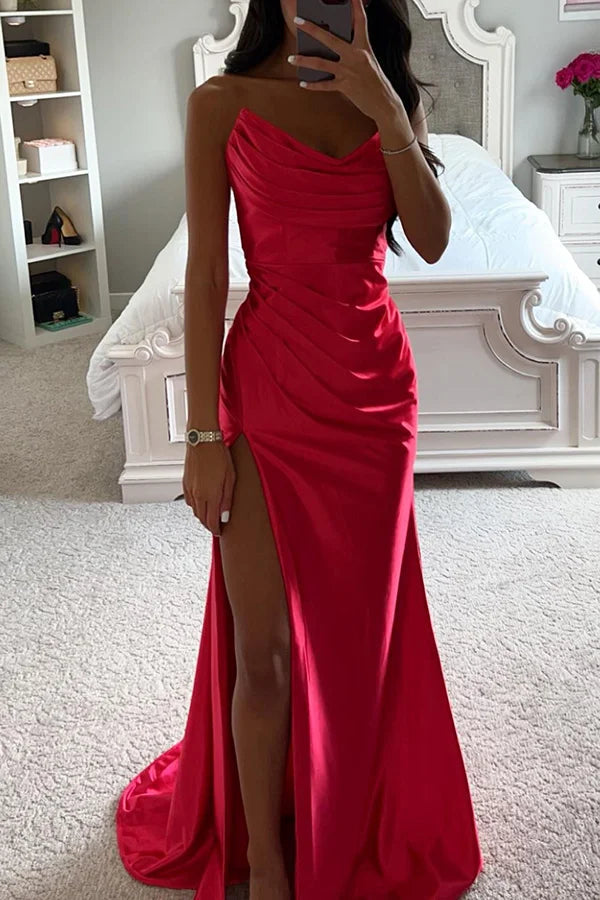 Glänzendes Satin Off-Shoulder Falten Spalte Abend Maxi Kleid
