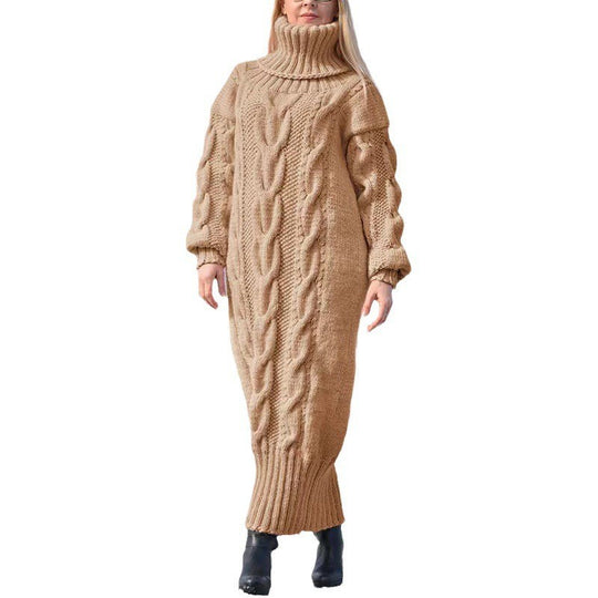 Langer Damen-Rollkragenpullover mit Zopfmuster
