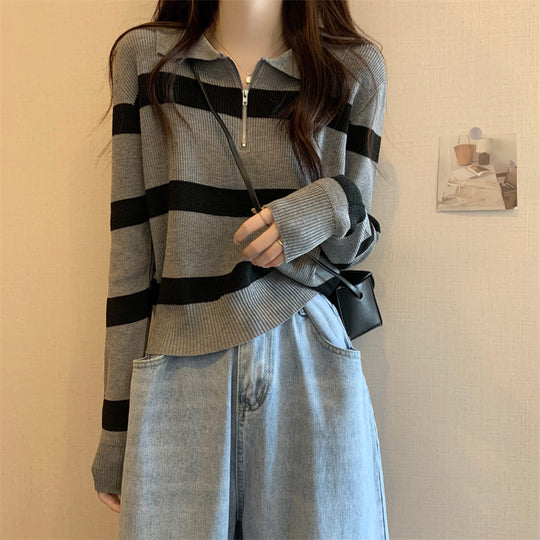 Gestreifter Strickpullover mit Polo-Kragen und Reißverschluss