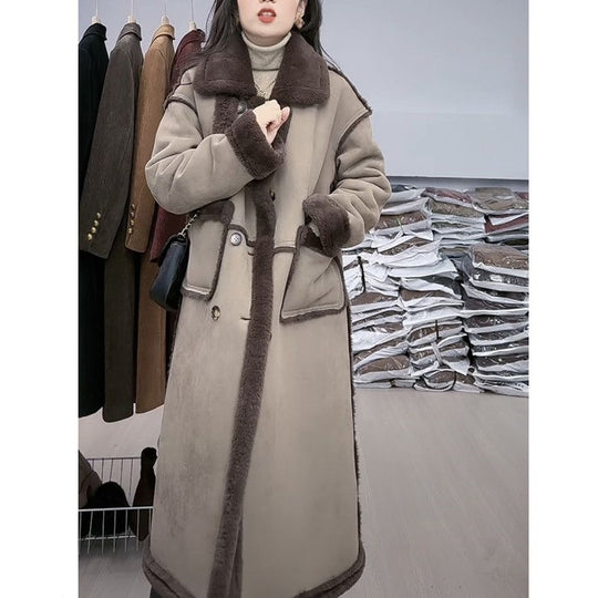 Lammfleece-Mantel für Damen, Wildleder-Optik, lang