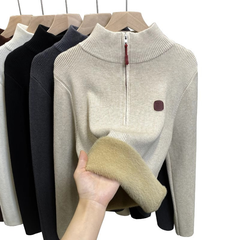 Damen-Strickpullover mit Stehkragen und Fleecefutter