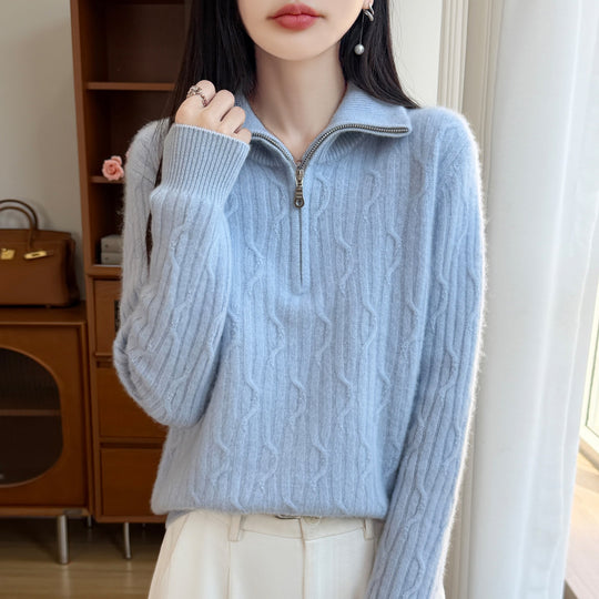 Damen-Wollpullover mit Reißverschluss und Zopfmuster