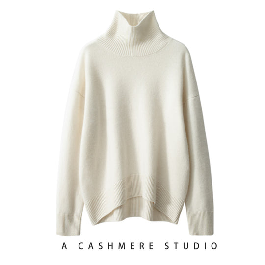 Damen-Kaschmirpullover, hoher Kragen, lockere Passform