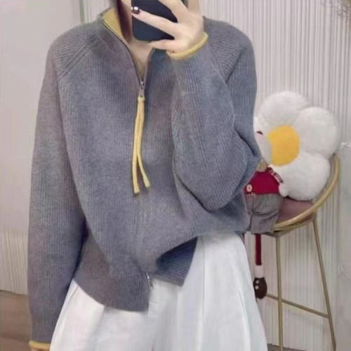 Damen-Strickjacke mit Reißverschluss und Farbblock-Design