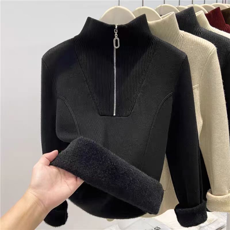 Damen-Strickpullover mit Stehkragen und Fleecefutter