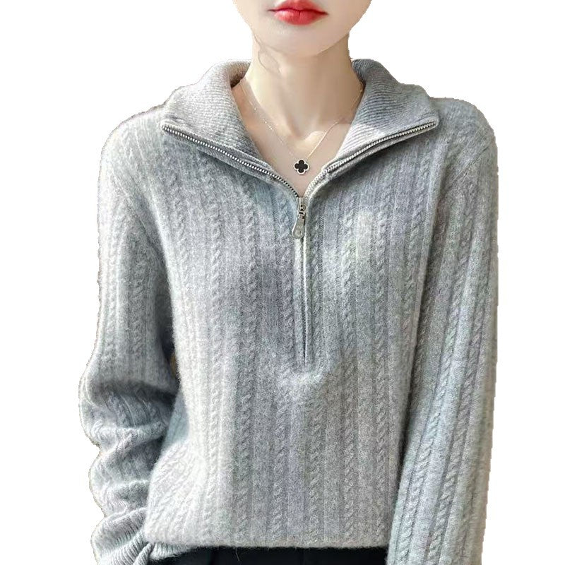 Damen-Strickpullover mit Zopfmuster und Reißverschluss