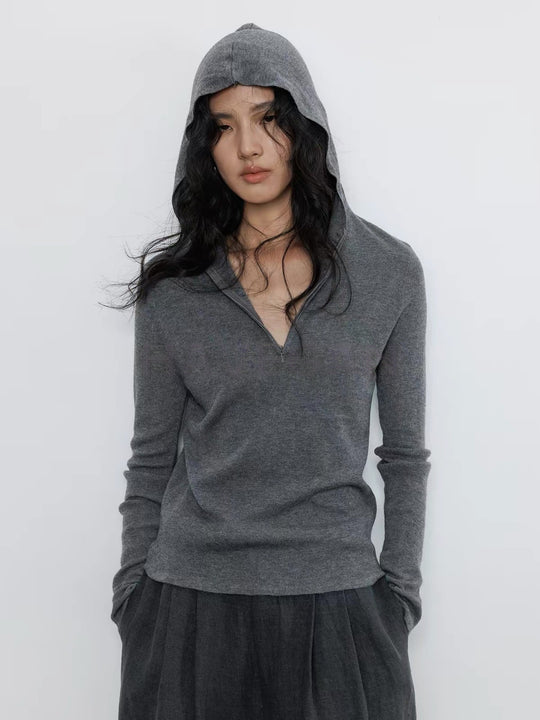 Damen-Strickpullover mit Kapuze und Reißverschluss
