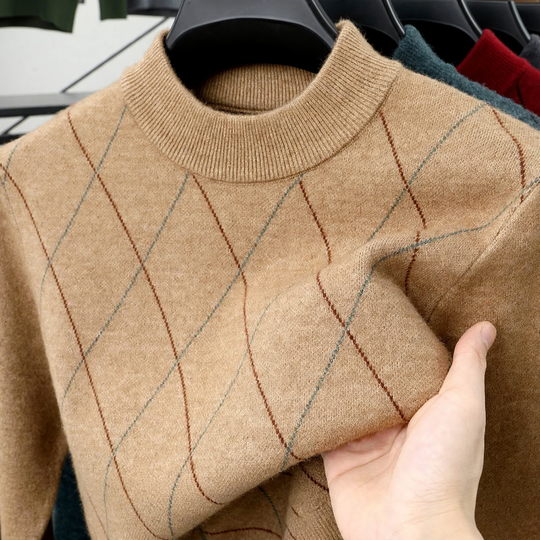 Herren-Wollpullover, kariert, Stehkragen, extra warm