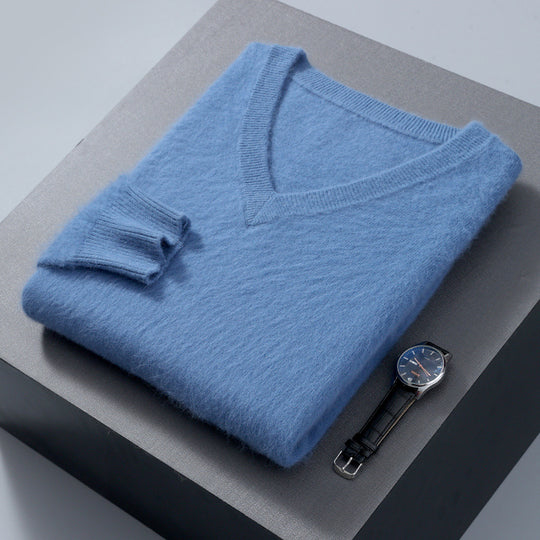 Herren-Wollpullover, V-Ausschnitt, locker, unifarben