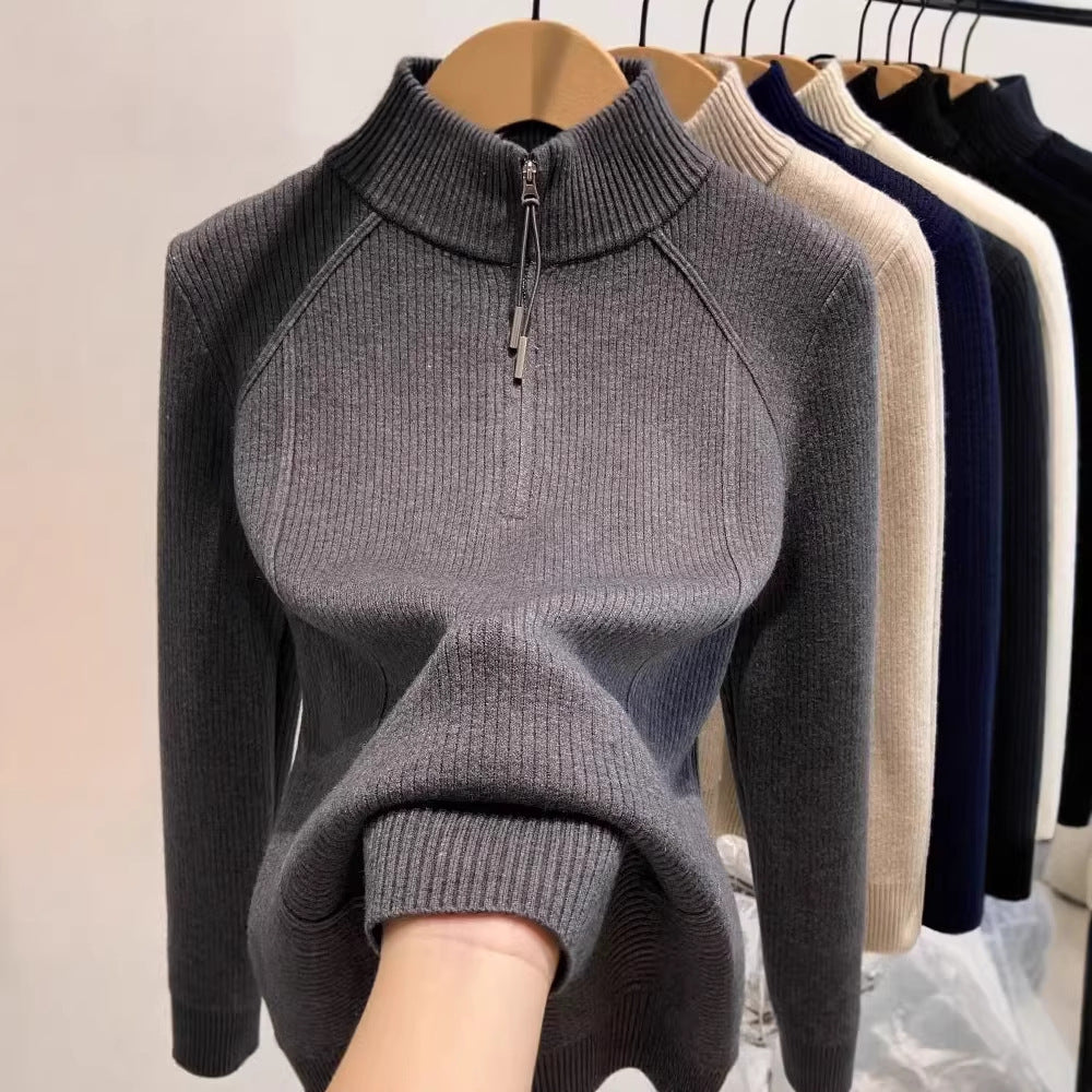 Damen-Strickpullover mit Reißverschluss und Innenfutter