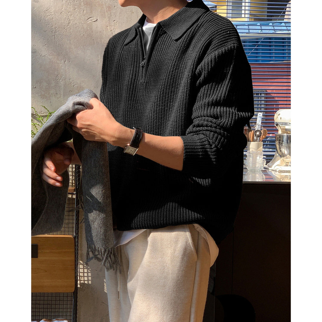 Herren-Strickpullover mit halbem Reißverschluss und Polokragen