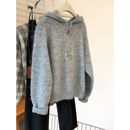 Damen-Strickpullover mit Kapuze und halbem Reißverschluss