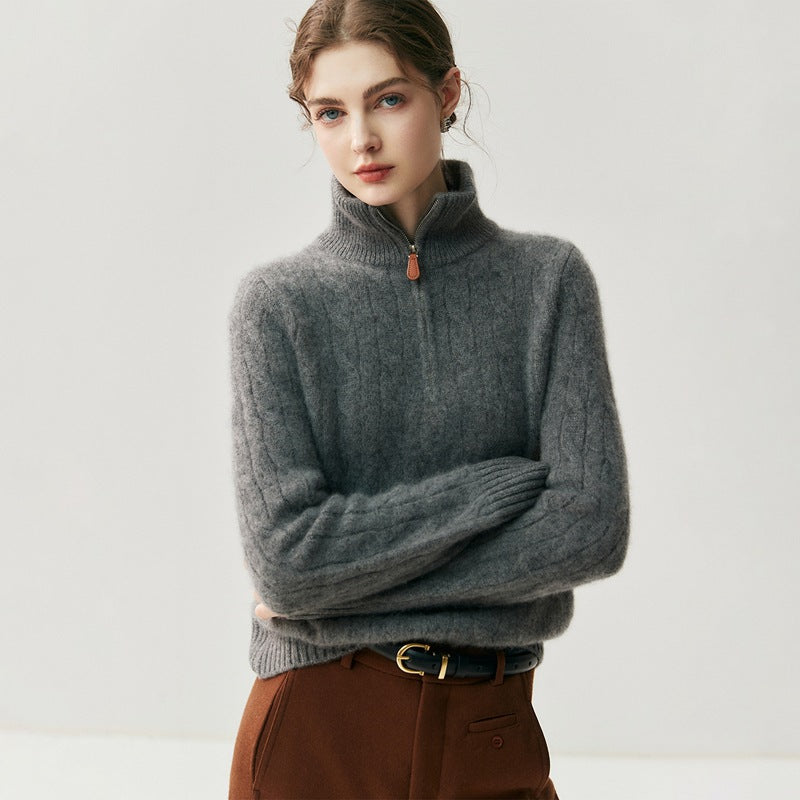 Damen-Strickpullover mit Reißverschluss und Zopfmuster