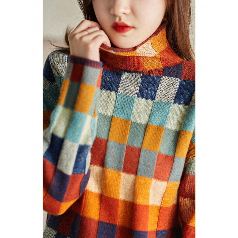 Damen-Strickpullover, Schachbrettmuster, Rollkragen