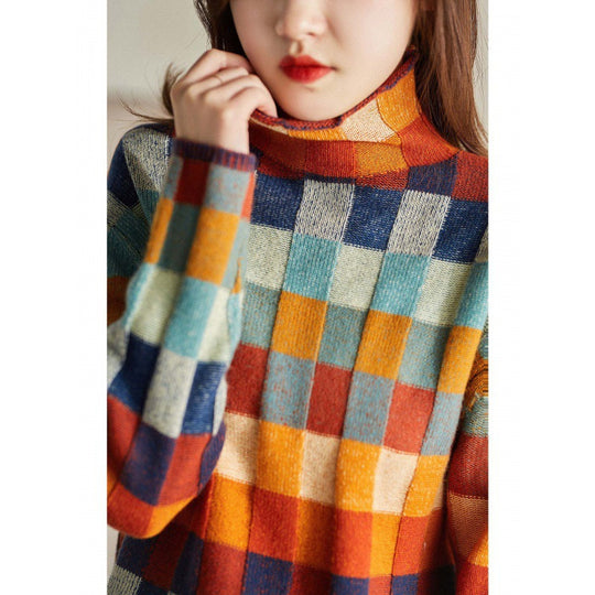 Damen-Strickpullover, Schachbrettmuster, Rollkragen