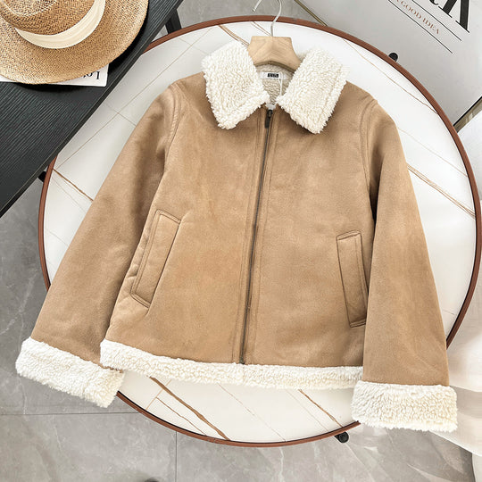 Damen-Wildlederimitat-Jacke mit Lammfell-Optik und Revers