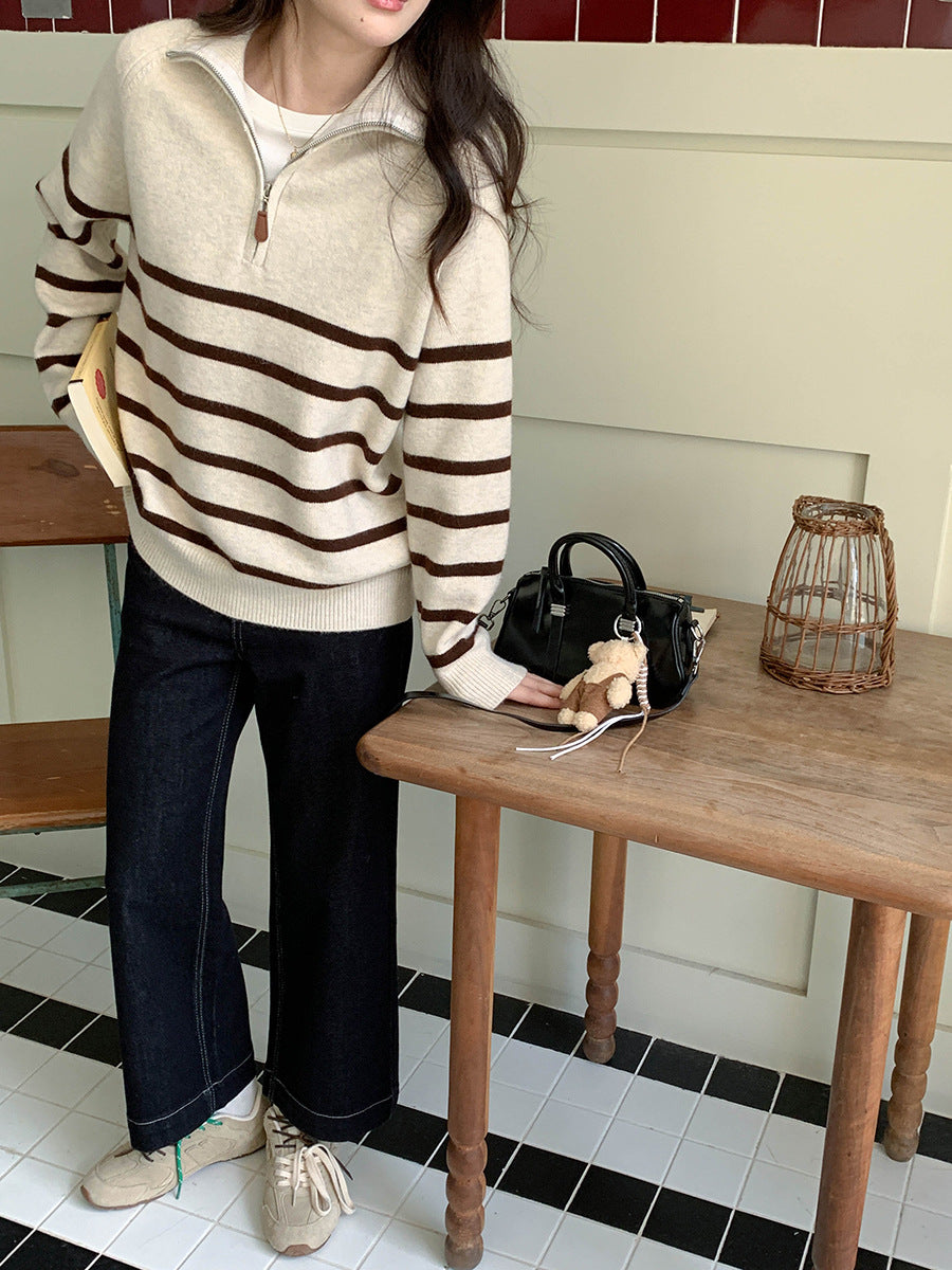 Damen-Strickpullover mit Reißverschluss und Streifenmuster