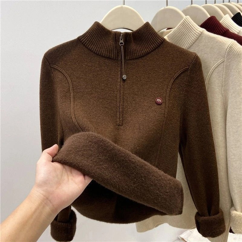 Damen-Strickpullover mit Reißverschluss und Stehkragen