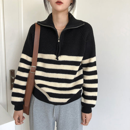 Damen-Strickjacke mit Reißverschluss und Streifenmuster