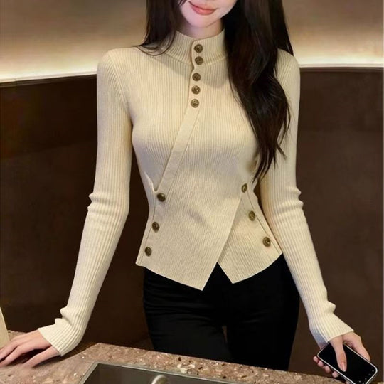 Damen-Strickpullover mit Stehkragen und asymmetrischem Schnitt