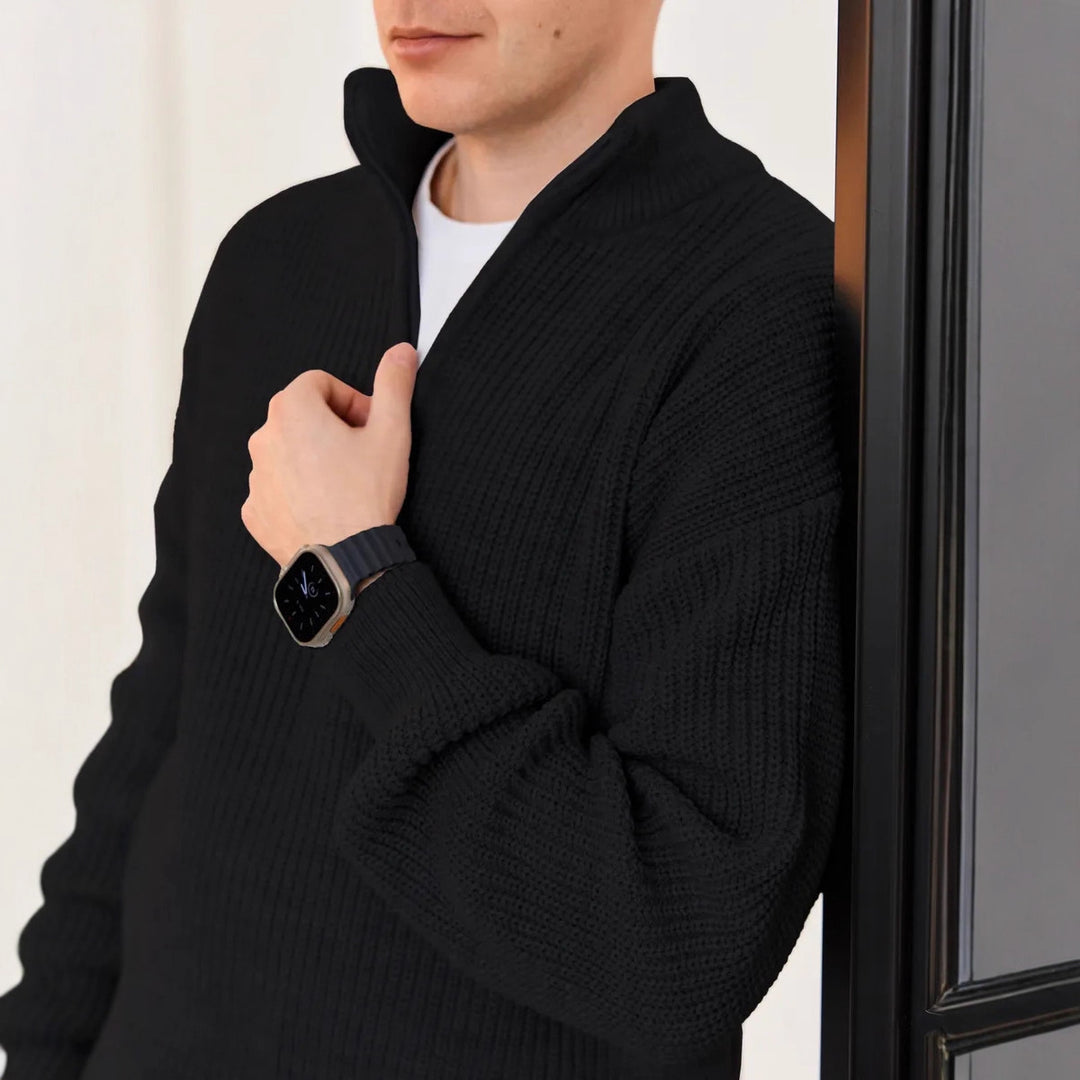 Herren-Strickpullover mit Stehkragen und halbem Reißverschluss