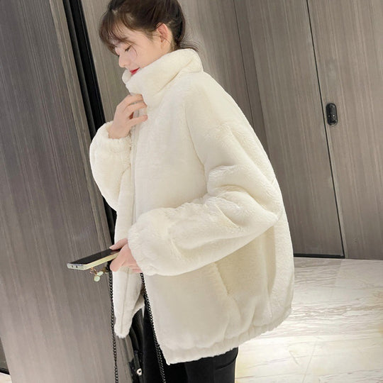 Lammfleece-Jacke mit Stehkragen und Kunstfell