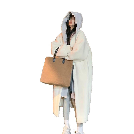 Lammfleece-Kapuzenmantel für Damen, lang, lockere Passform