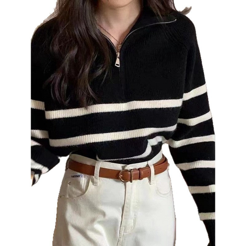 Damen-Strickpullover mit Streifen und Reißverschluss