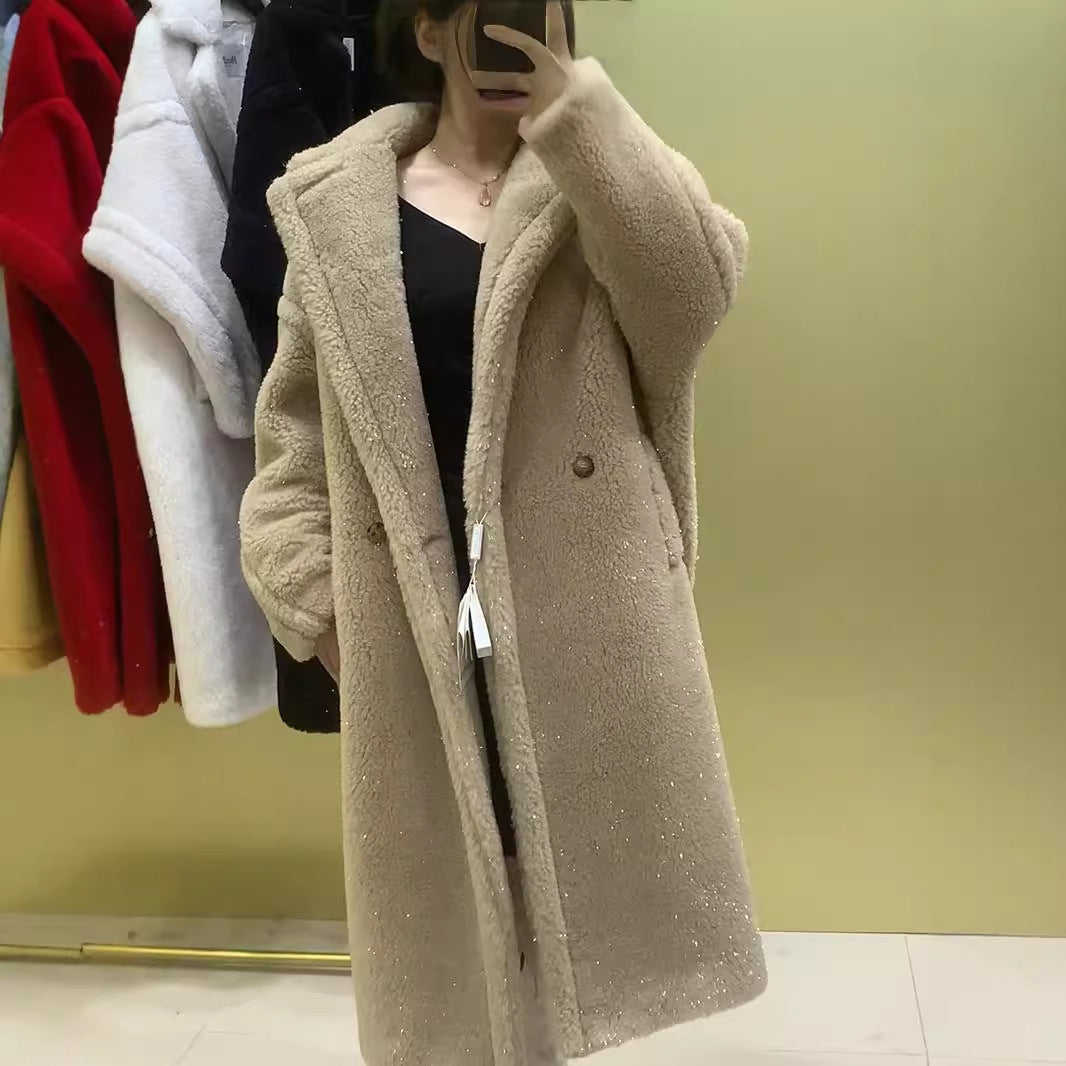 Teddy-Mantel mit Glanzeffekt, mittellang, Damen