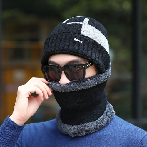 Herren Strickmütze und Schal Set, gefüttert, warm