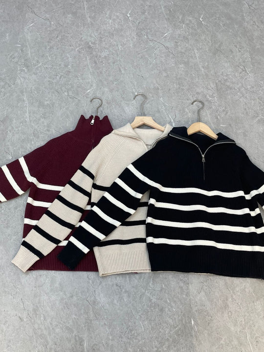 Damen-Strickpullover mit Streifen und Reißverschluss